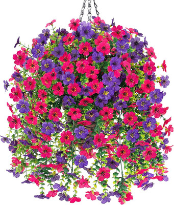 Artificial Hanging Flowers Basket for Outdoor, Fake Flowers Faux Plants Look Rea