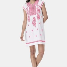 Roller Rabbit Faith White Pink Embroidered Cotton Shift Dress Boho Resort Small