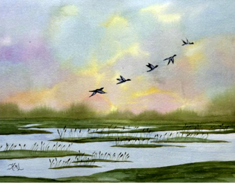 PAINTING WATERCOLOR 11X14 DOUBLE MAT 16X20 SUNRISE MARSH SALTMARSH ORIGINAL ART