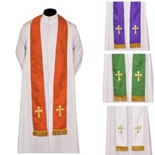 Damask Fabric Priest Stole with Traditional Gold Cross in Liturgical Colours.