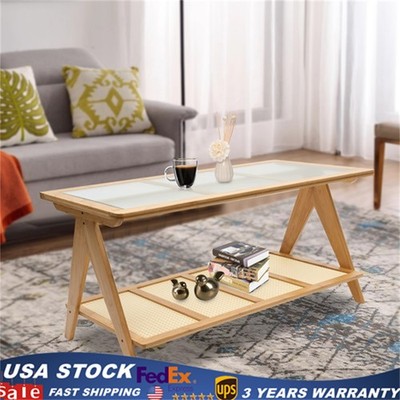Living Room Coffee Table Glass Tabletop Modern Side Table with Lower Shelf Home