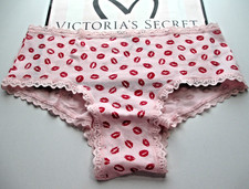 VICTORIA'S SECRET Cotton Cheeky Panty VS Pink Red Kisses M L XL Lace Trim NWT