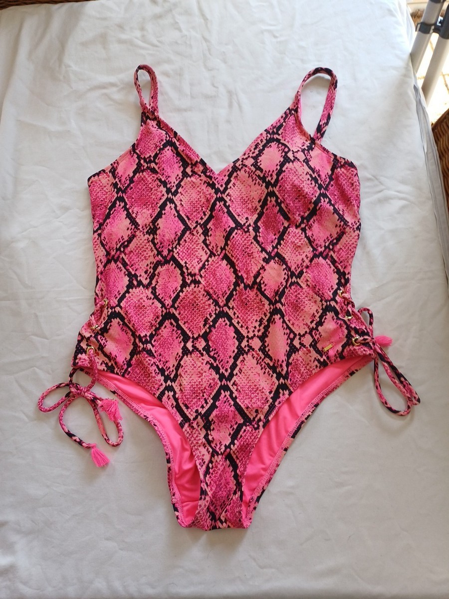 Women's F+F Pink Animal Print Wide Strap Side Tie Swimsuit One