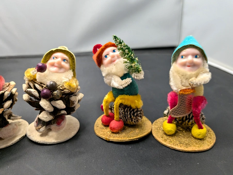 Charming 1950's Shiny Brite 6pc Pine Cone Dwarf Putz Chenille Elf Figures Japan - Image 3 of 4