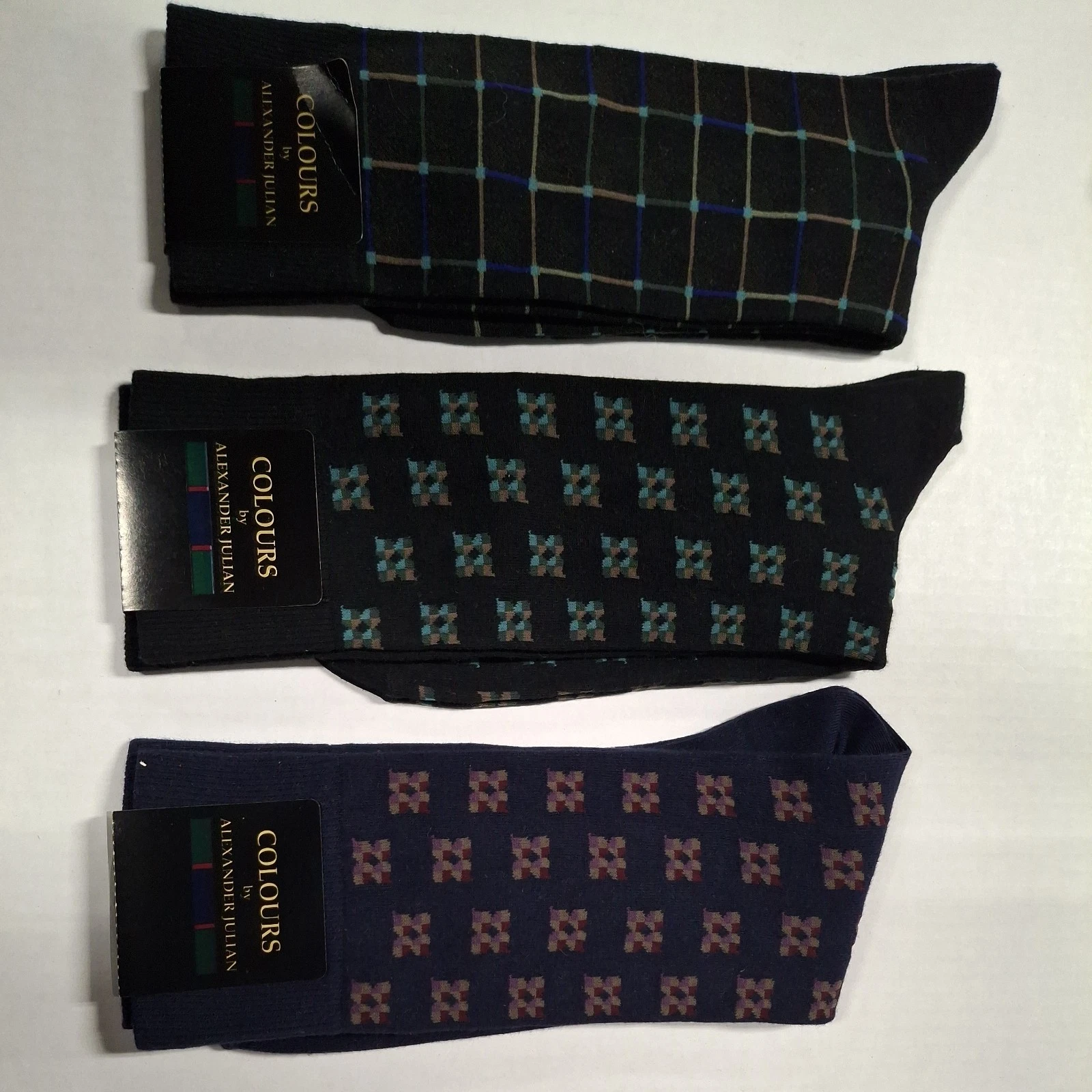Vintage 3 Pairs Colours Alexander Julian Socks Mens 10-13 Multicolor NOS