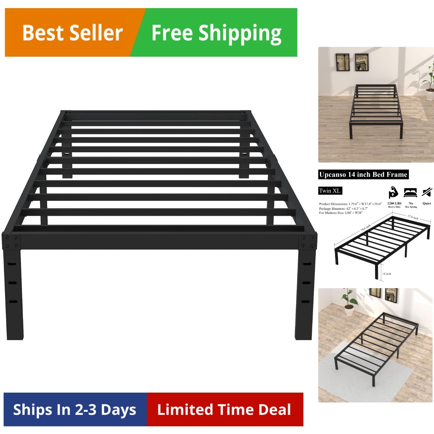 No Box Spring Needed, 14 Inch Heavy Duty Metal Platform Bed.