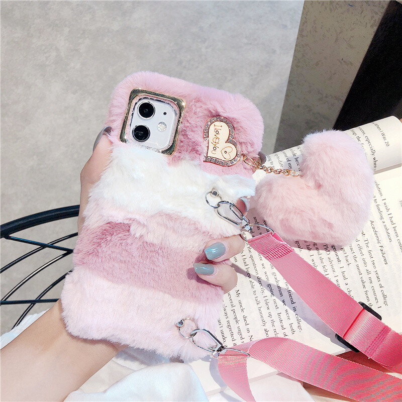 Crossbody Furry Rabbit Fur Long Rope Soft TPU Case Cover Fr LG K92