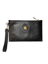 Versace Medusa Zip Pouch Wristlet Black Grained Calfskin Leather
