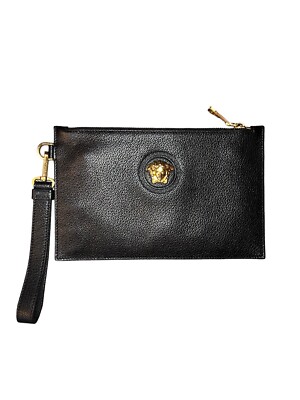Versace Medusa Zip Pouch Wristlet Black Grained Calfskin Leather