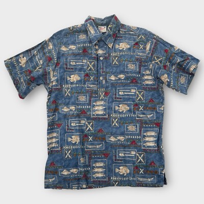 Vintage Go Barefoot Hawaiian Shirt Mens Large Blue Fishing Turtle Ocean Aloha