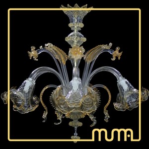 Lampadario, glass chandelier vetro murano 6 luci trasparente e ambra ... Lampadari vetro murano