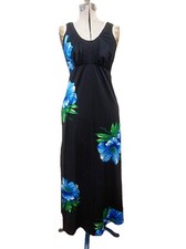 Vintage Hawaiian Maxi Dress Black w Big Blue Hibiscus Flowers Sleeveless 36B 27W