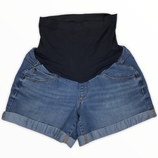 A Glow Maternity Denim Jean Shorts Size 12 Stretch Over Belly Cuffs Medium Wash