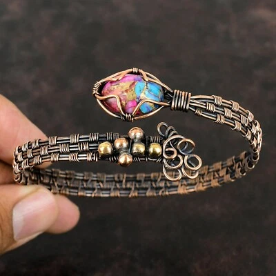 Kingman Pink Dahlia Turquoise Copper Gift For Mum Wire Wrap Adjustable Bangle - Image 1 of 4