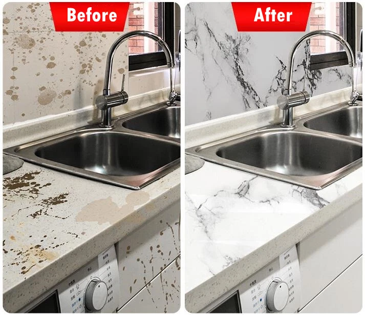 Rollo de papel tapiz de PVC autoadhesivo de 10 pies papel de mármol pelar palo encimera de cocina Foto 2 de 4