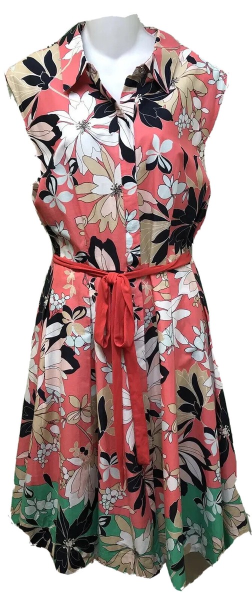 green leaves woman dress tony hilfiger 16 Tommy Womens Coral Floral Sleeveless Midi Fit + Flare Size: 16, Women's, Pink YGroup_sofia