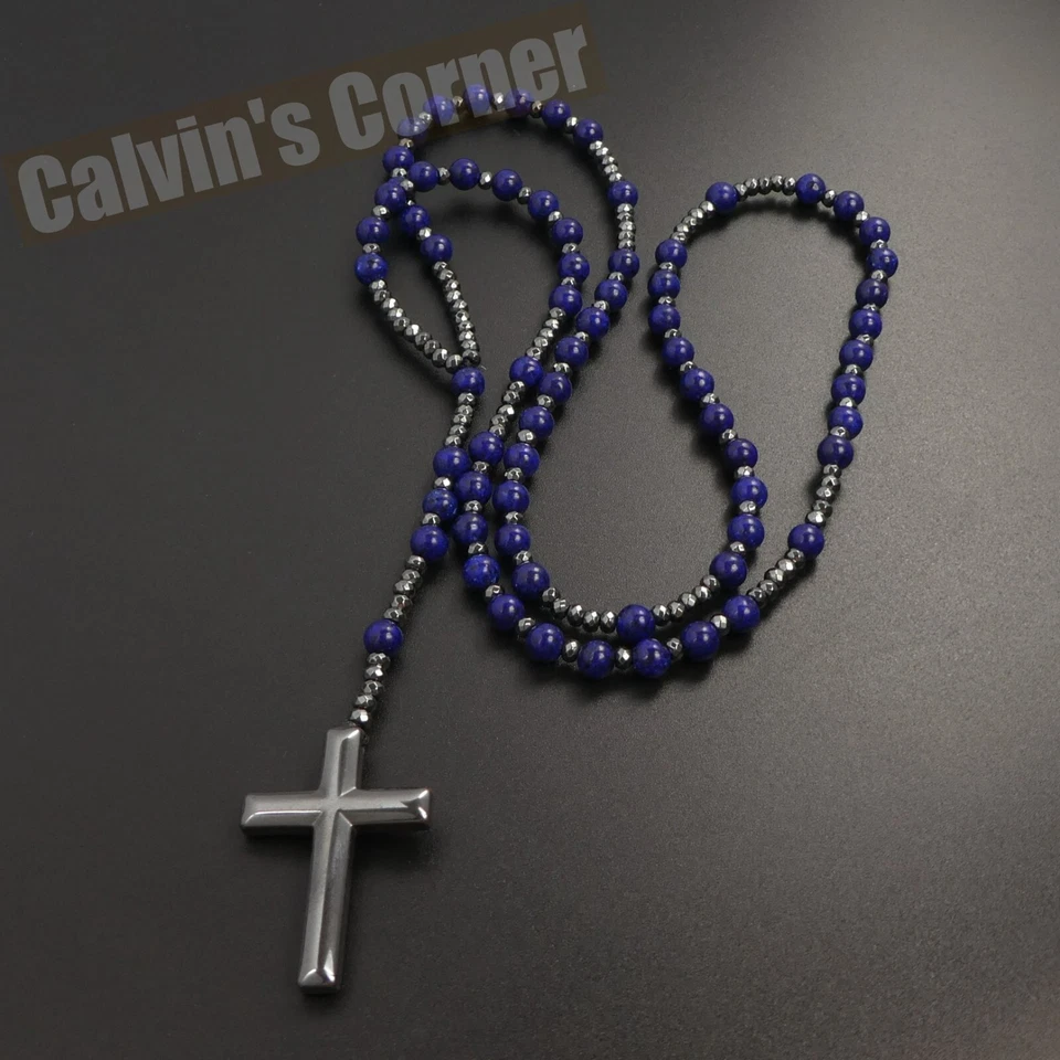 Lapis Lazuli Black Hematite Rosary Necklace Catholic Christ Cross Men Women Gift - Image 4 of 4
