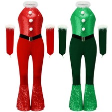 Girl Jumpsuit Bodysuit Unitard Plush Leotard Christmas Sleeveless Xmas Velvet