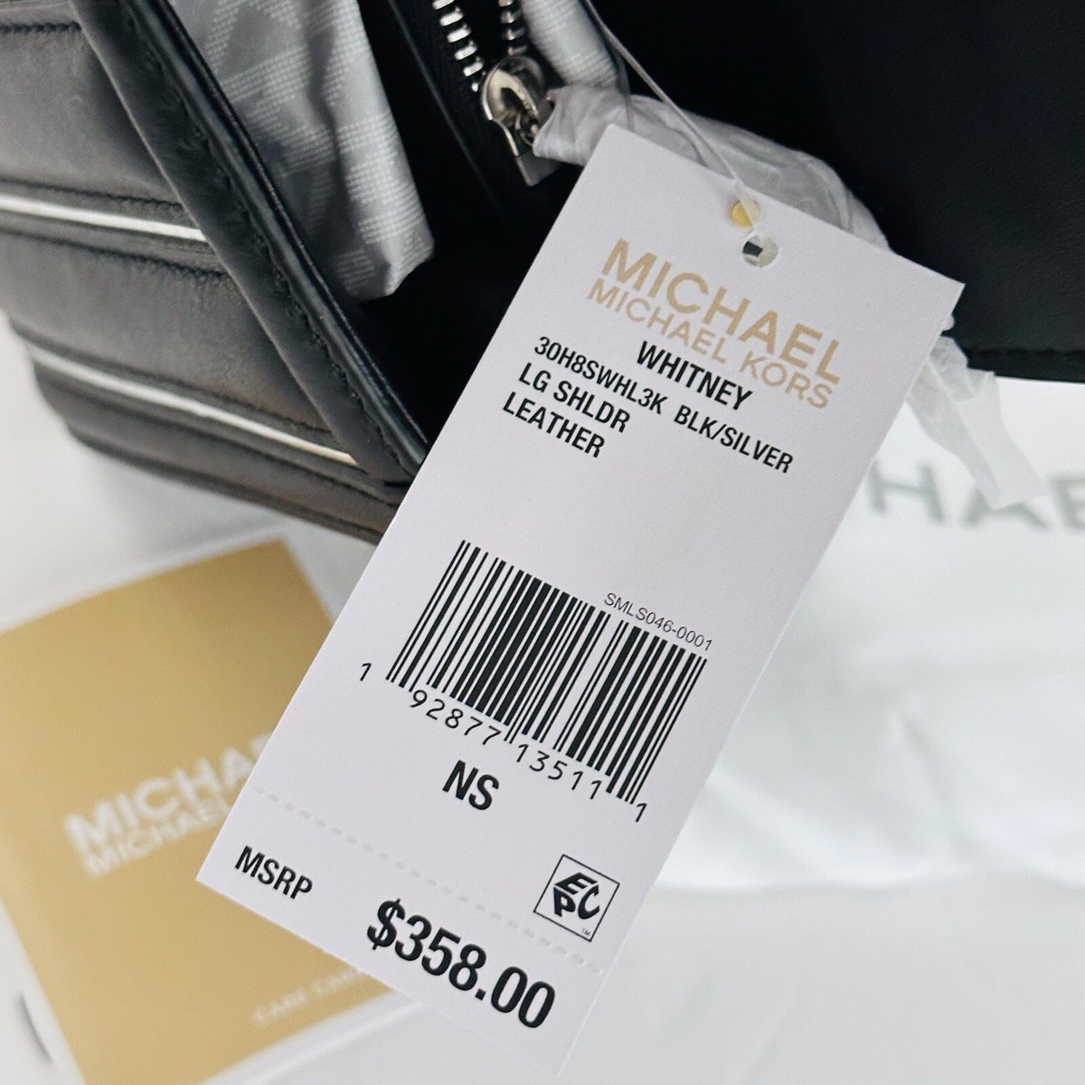 NWT Michael Kors Whitney Leather Shoulder Bag Black Silver Chain