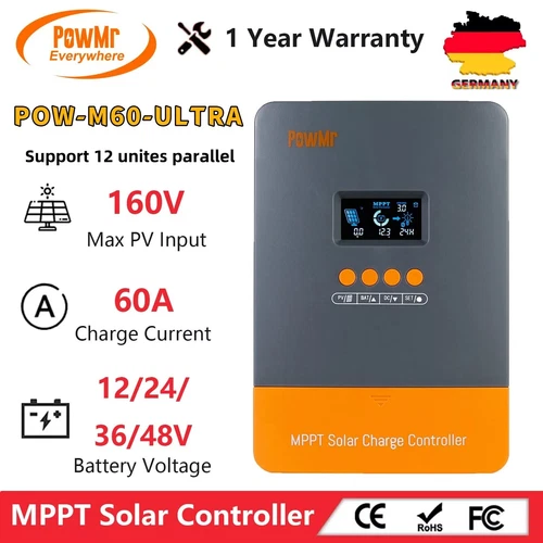 PowMr MPPT 60A Solar Ladegerät Regler 12V 24V 36V 48V Regler LCD PV 160Vdc USB