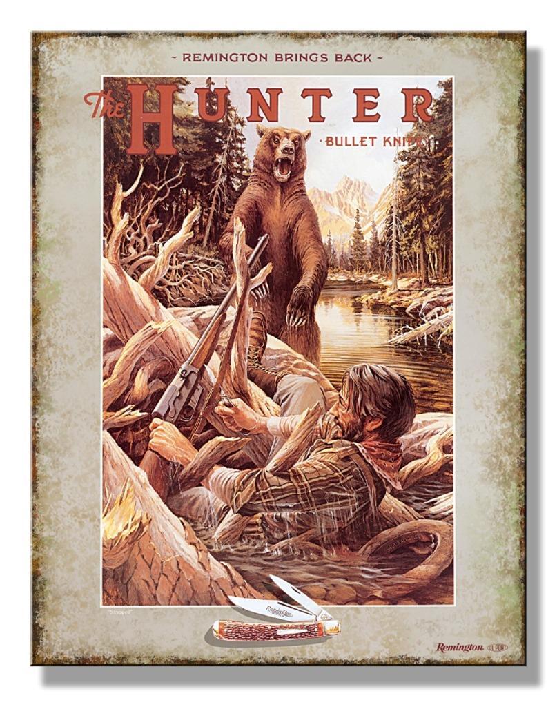 Remington The Hunter & Grizzly Bear Bullet Knife Tin Metal Sign