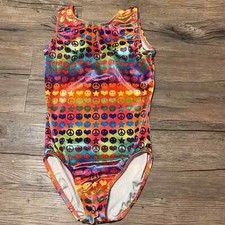 PERFECT BALANCE Colorful Happy Heart Peace Velour Leotard Girls 12-14