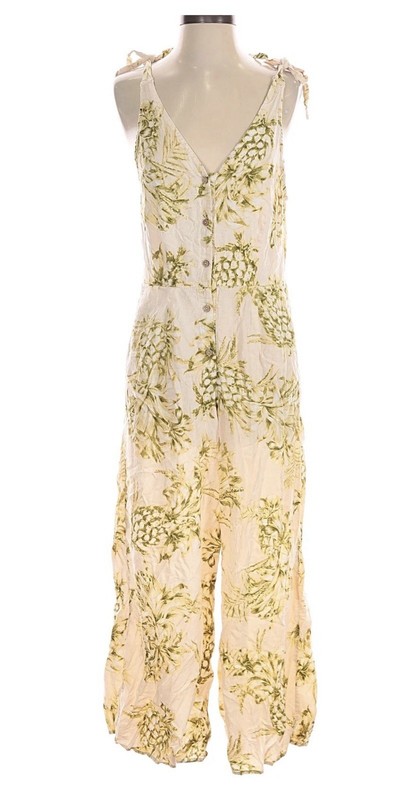 Panama Jack Linen Jumpsuit Medium Button Down Tie Top Wide Leg Pockets Boho