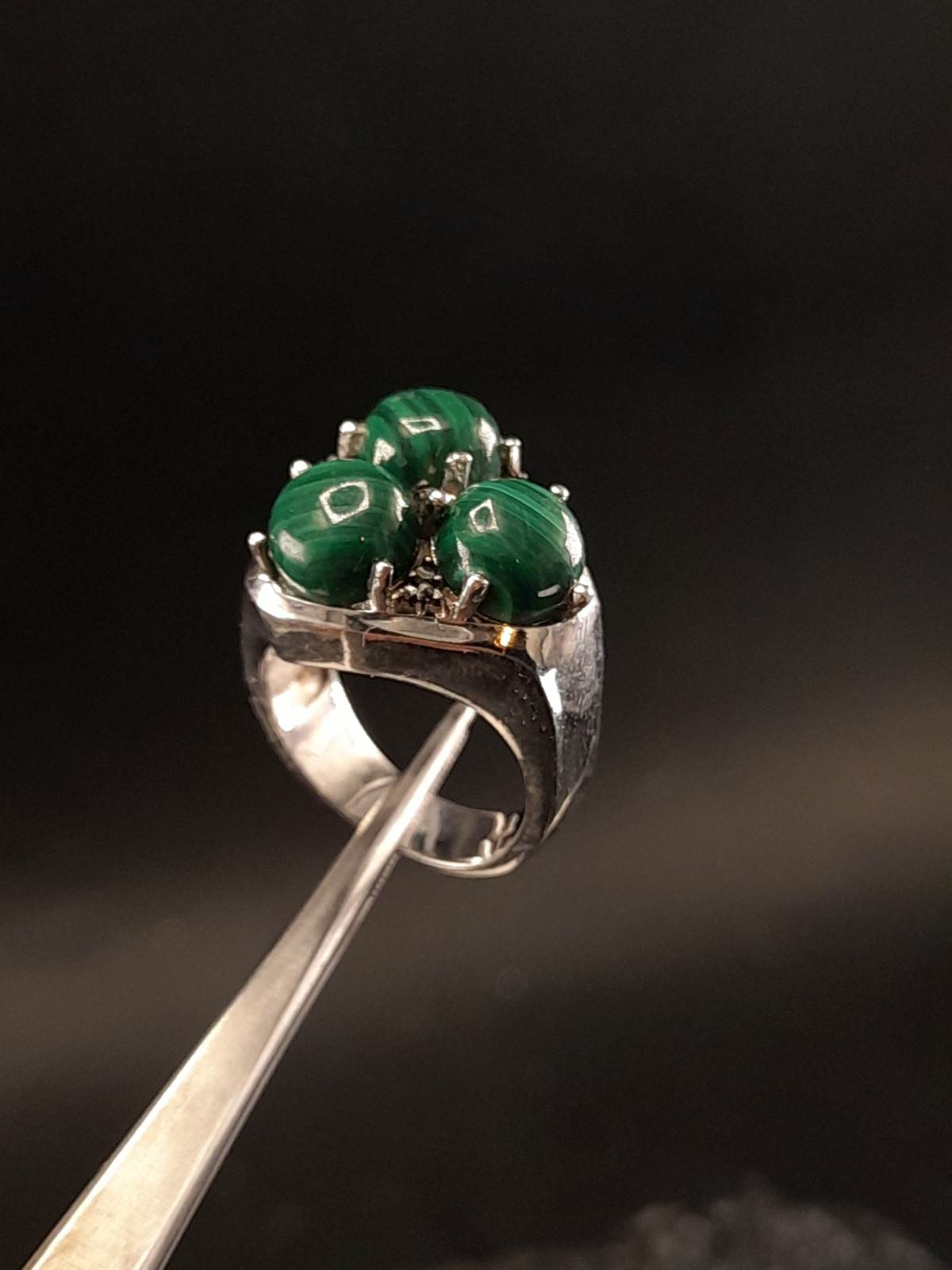 Sterling Silver Malachite Vintage 3 Stone Ring, Heavy Chunky Size N, 9g image 5