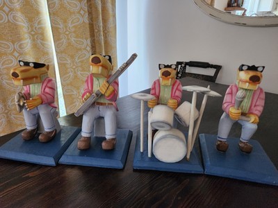 Carved And Painted Wood Dog Musicians, Rude Dog & The Dweebs, From Bali 12'' High