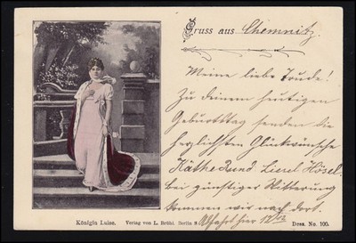 Postcard Queen Louise on greeting from... Chemnitz 20.6.1898 to Schellenberg 20.6.98