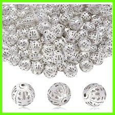 100pcs 8mm Silver Plated Filigree Hollow Ball Beads Round Metal Loose Spacer ...