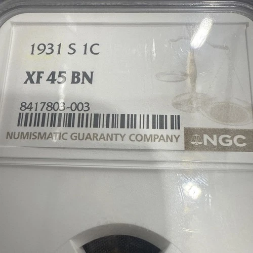 1931 S Wheat Penny NGC XF 45 BN Semi Key Date