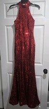 Fashion Nova Women's Red Sequin Halter Sleeveless Lined Long Maxi Dress Size S