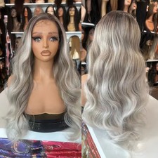 Long Wave Ombre Ash Sliver Blonde Highlight Lace Front 100 Human Hair Wigs 13x4