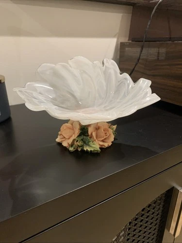 Beautiful Vintage Murano Art Glass Bowl With Porcelain Flower Base