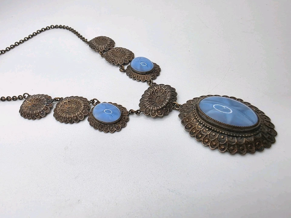 Vintage Czechoslovakia Blue Satin Glass Cabochon Necklace W/Ornate Setting, 15" - Image 2 of 4