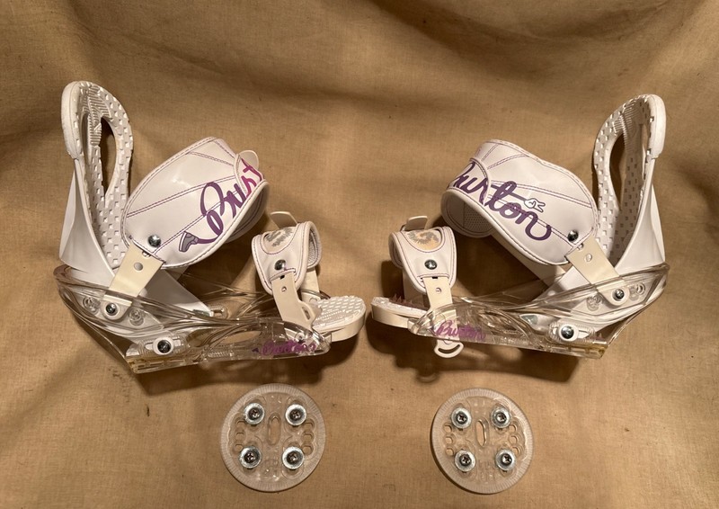 BURTON CITIZEN SNOWBOARD BINDINGS WHITE & PURPLE, WOMEN'S SIZE Large WITH DISCS