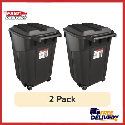 2 Pack Hyper Tough 45 Gallon Rolling Trash Can Heavy Duty Outdoor Black