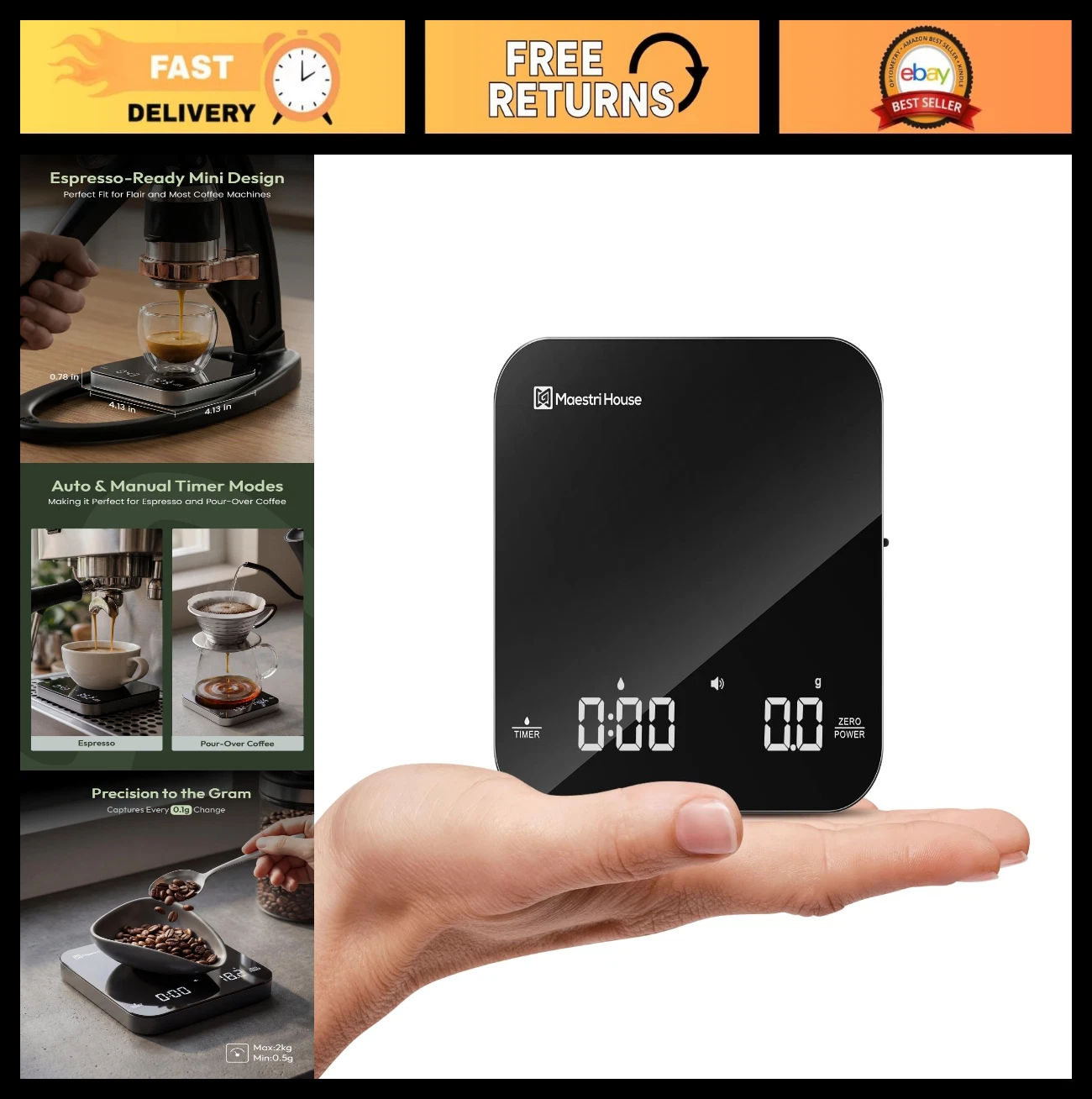 Mini Coffee Scale with Timer - USB-C Rechargeable, 2kg/0.1g Precision for Espres