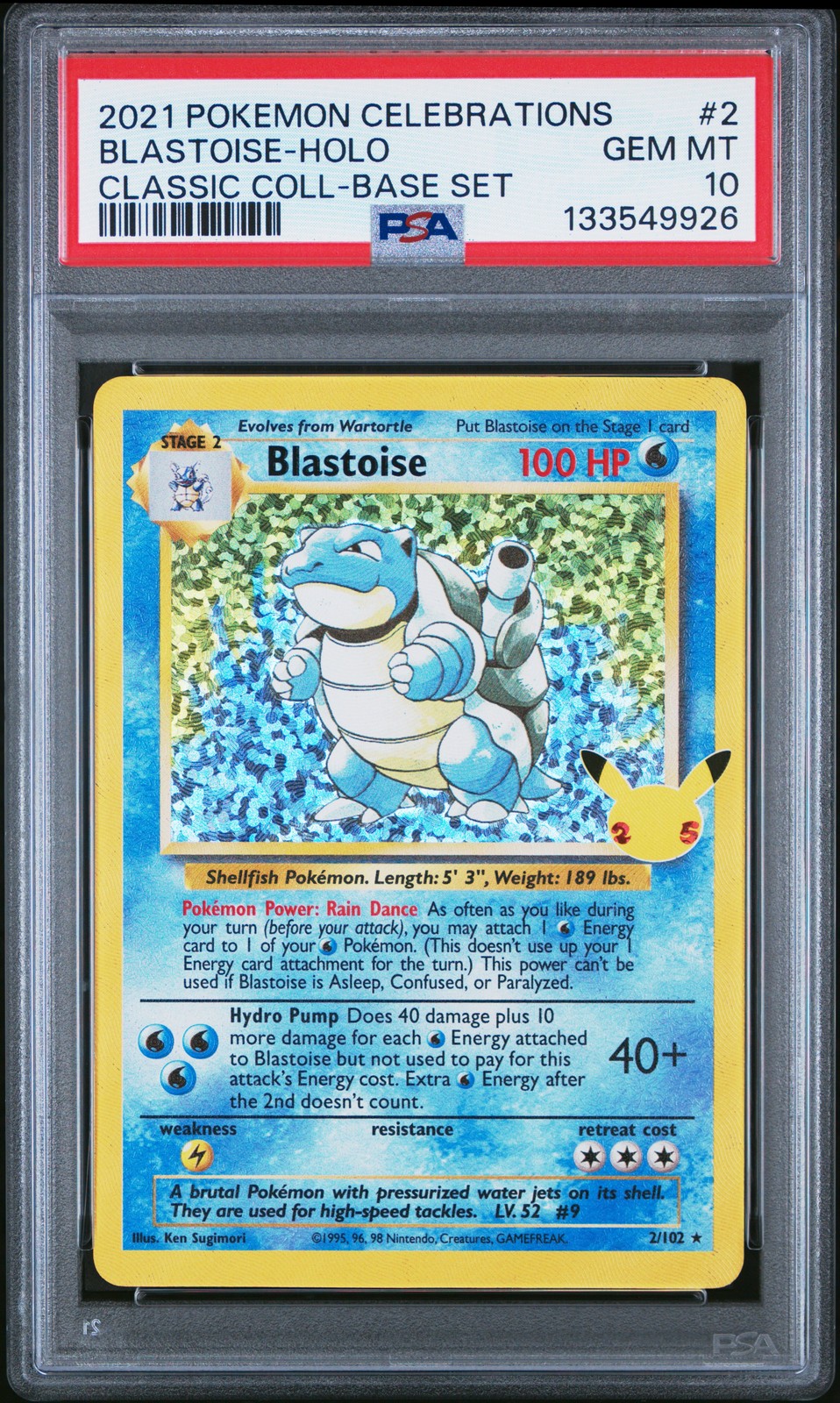 2021 POKEMON CELEBRATIONS CLASSIC COLLECTION #2 BLASTOISE-HOLO PSA 10