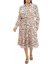T Tahari Dress Women PXL Petite Pink Black Heart Print Tiered Midi Romantic NWT