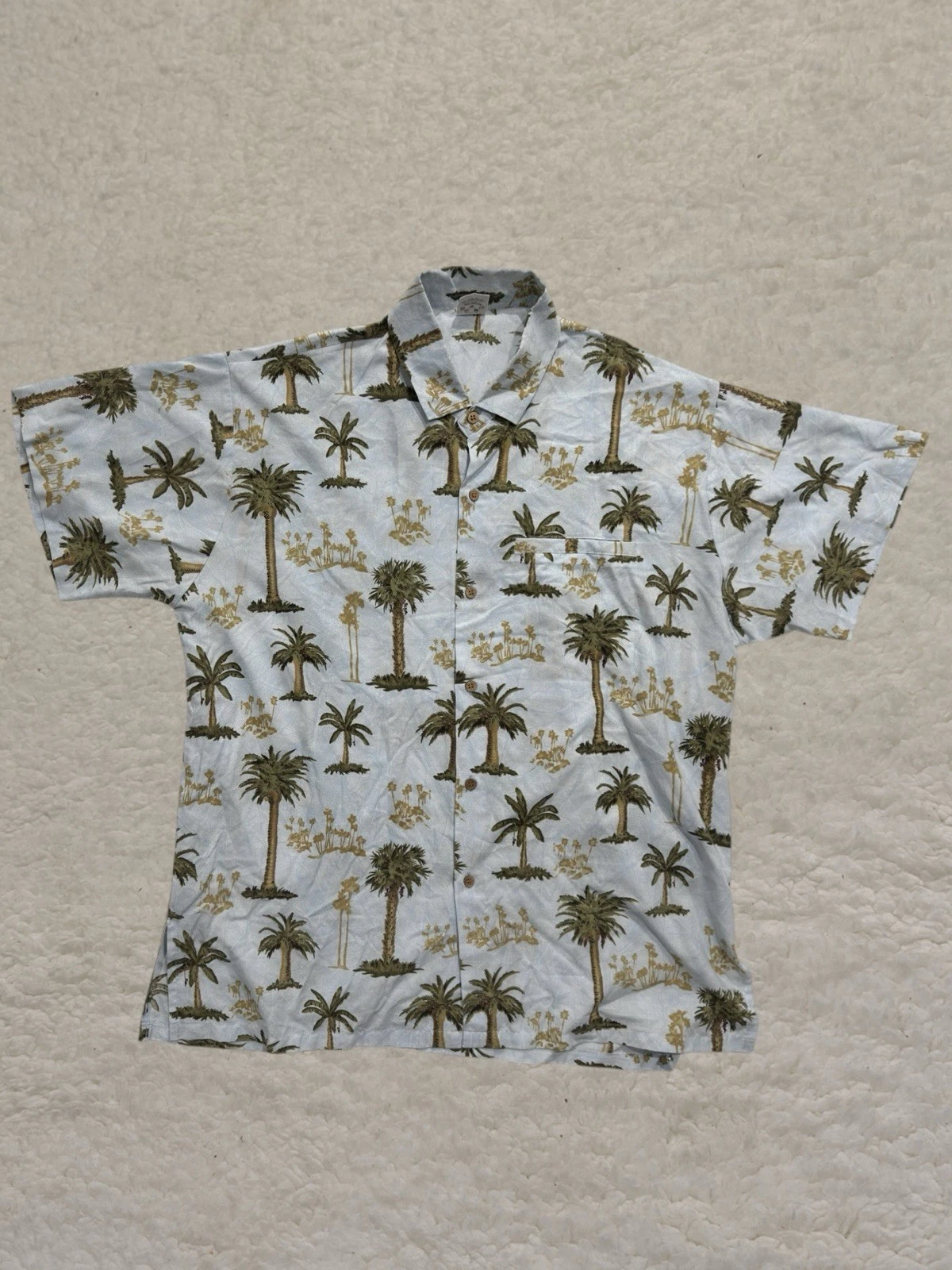 Rima Large Blue Hawaiian Aloha Tropical Palm Tree Holiday Beach Button Shirt