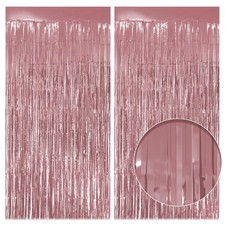 2 Pack 3.2x8.2ft Rose Gold Fringe Backdrop Shining Foil Tinsel Curtains