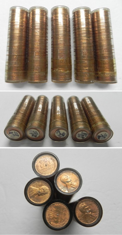 Lot of 5  1958 P UNCIRCULATED BU Solid Date Rolls of Lincoln Cents Pennies