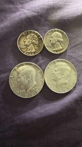 2 Silver Quarters 1956, 1964/Two 40% Silver AU Kennedy Half Dollars #2709