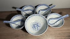 Vintage blue white porcelain broth bowls with rice grains Chinese spoons 9 pc