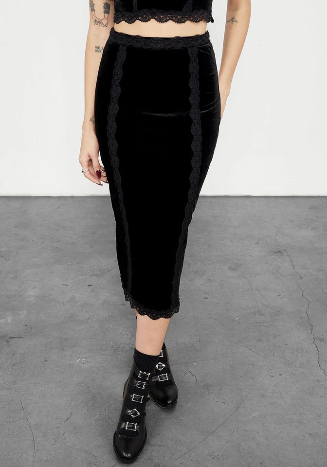 Disturbia Black Velvet Majesty Midi Skirt Uk Sz 12 14 20 One Each New - Image 3 of 4
