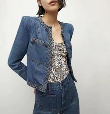 Women Veronica Beard Round Neck Embellished Denim Jacket Top