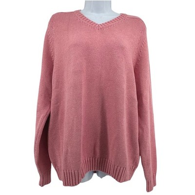 Lands End V-Neck Sweater Womens L 14-16 Pink Cotton Knit Long Sleeve Coastal