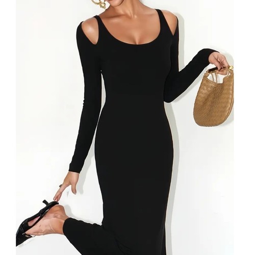 Black Cold Shoulder Long Sleeve Maxi Dress Women's 2XL Polyester Elastane - Picture 3 of 10